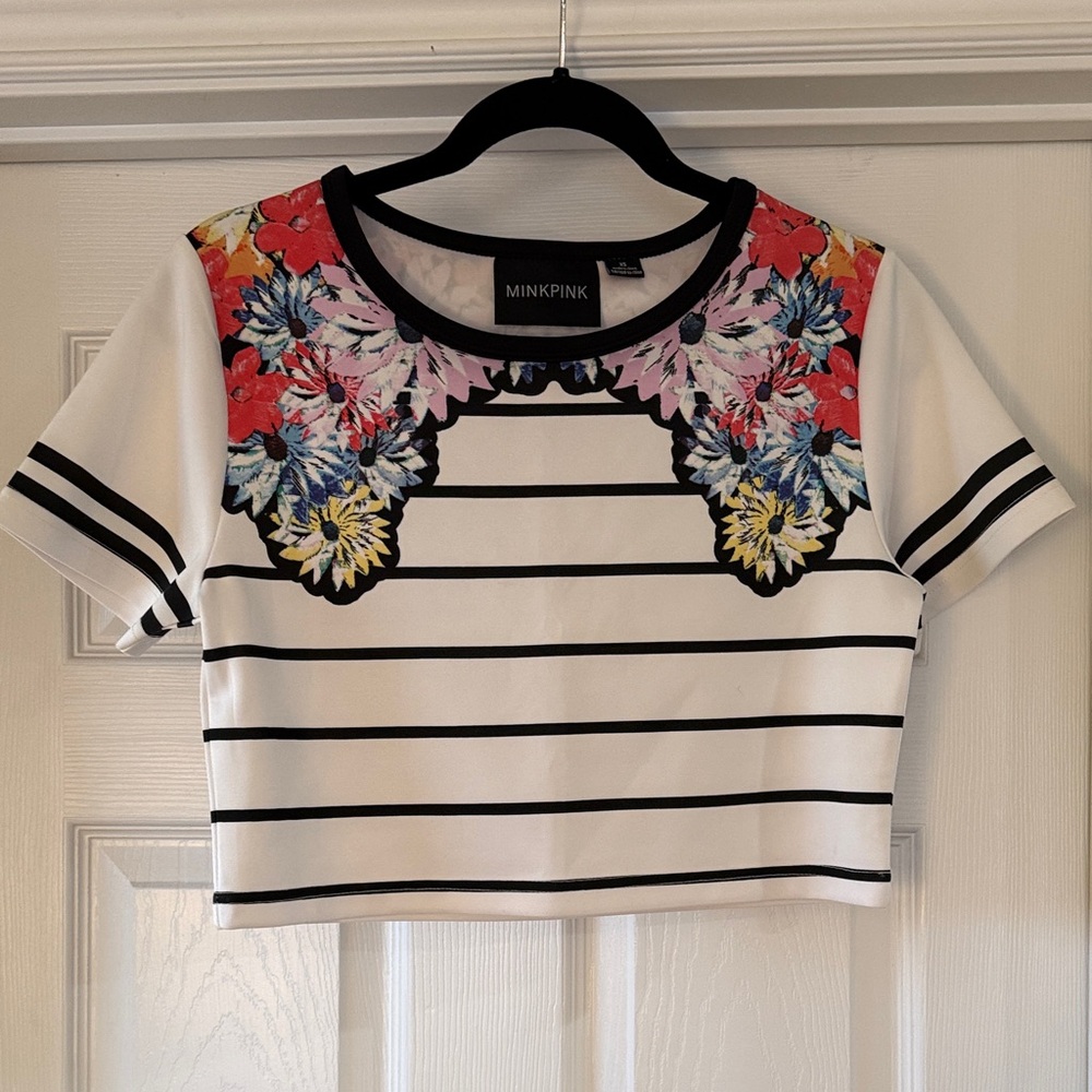 MINKPINK Floral Striped Crop Top - Black, White, Red, Yellow